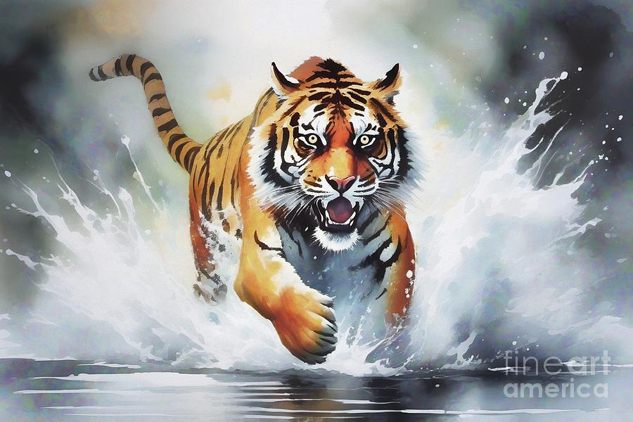 Tiger Running In Water - 02436 Digital Art by Philip Preston