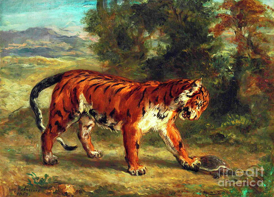 Tiger with a Tortoise or Tiger Playing with a Tortoise Painting by Eugene Delacroix