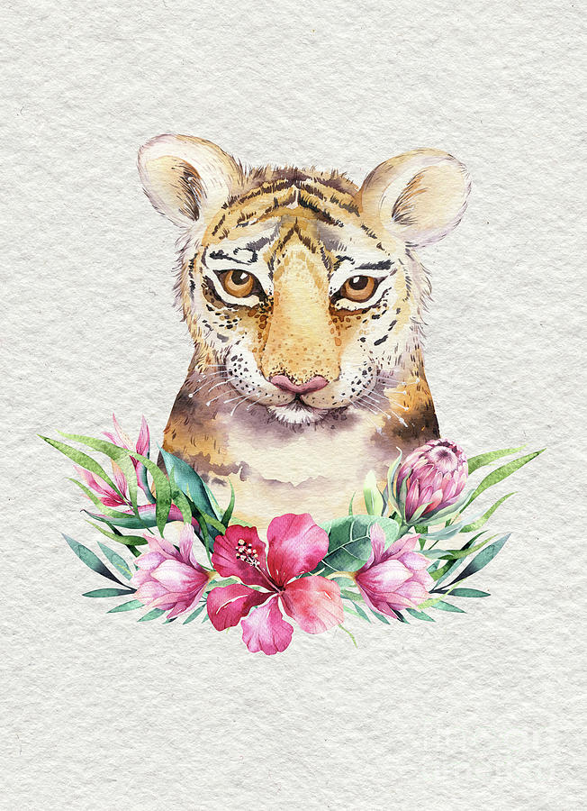 Tiger With Flowers  Painting by Nursery Art