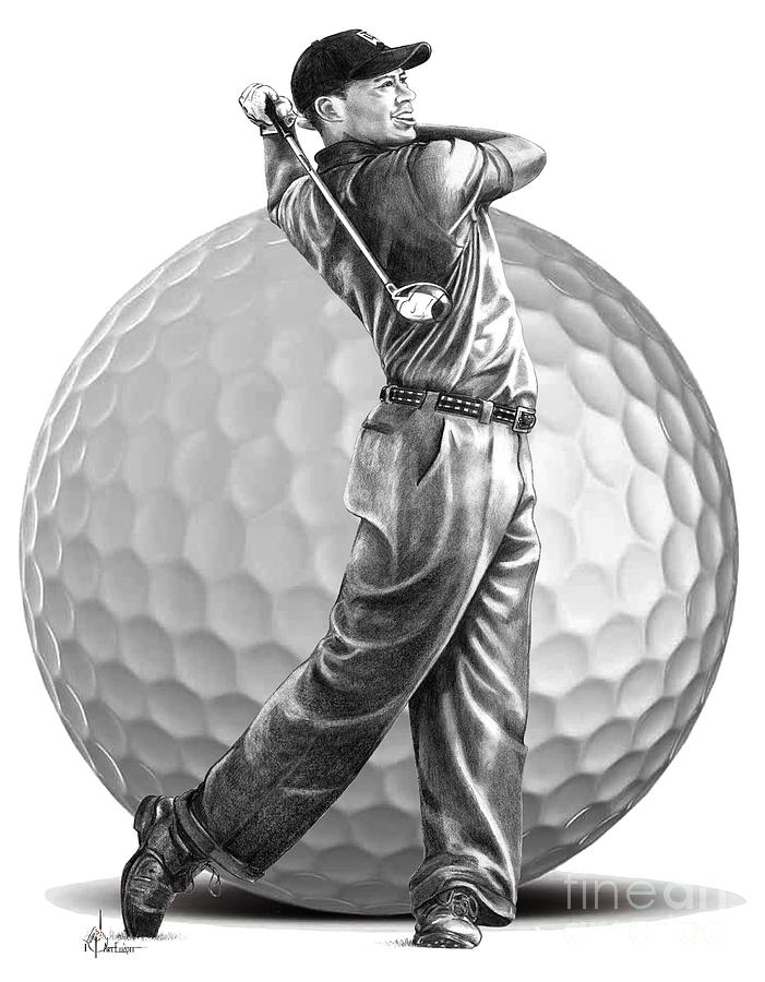 Tiger Woods Drawing - Tiger Woods  Full Swing drawing by Murphy Art Elliott