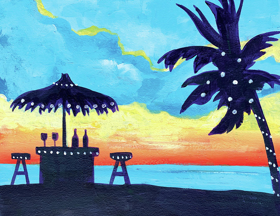 Tiki Bar by the Ocean at Sunset Painting by Michele Fritz