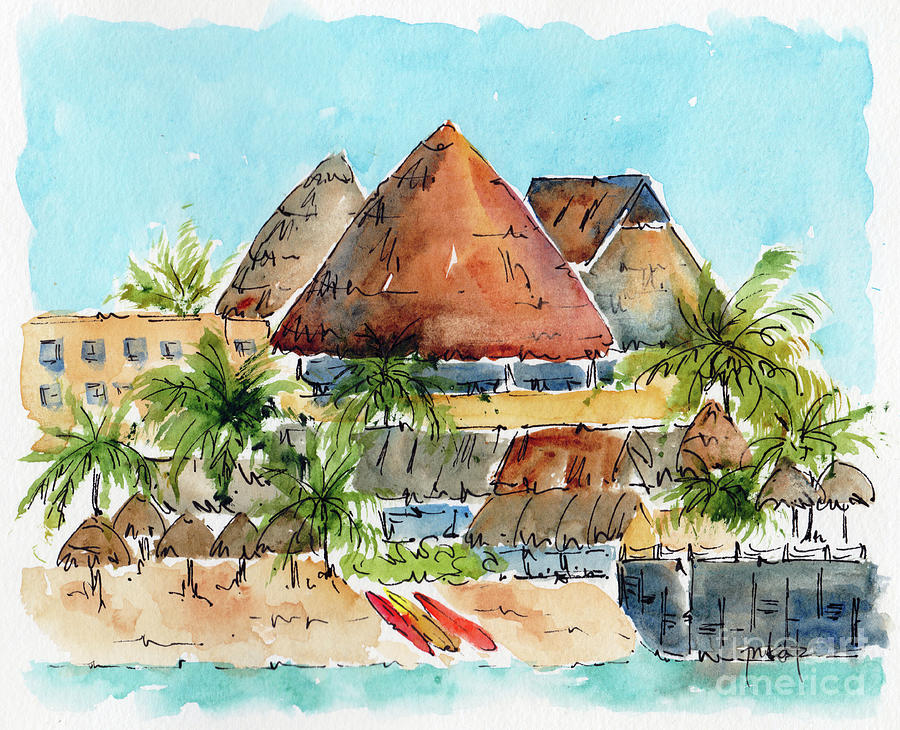 Tiki Huts And Palapas Puerto Aventuras Painting by Pat Katz