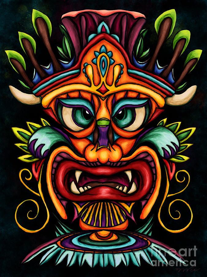 Maori tiki mask vibrant painting, Tiki totem Painting by Nadia CHEVREL