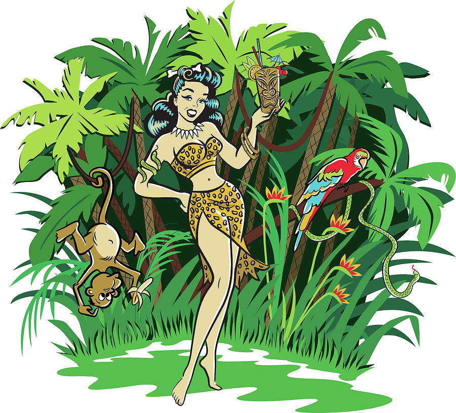 Tiki Pinup Goddess Holding A Cocktail Standing In The Jungle Comic Style Drawing