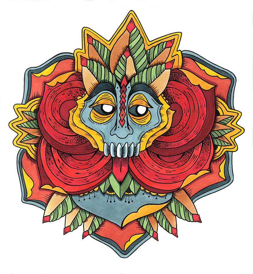 Tiki Skull Drawing by Cameron Lind