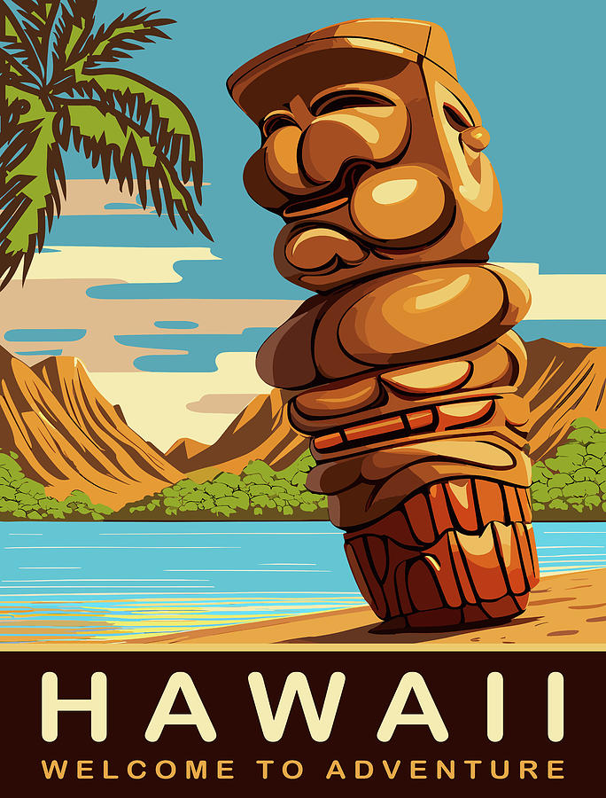 Vintage Digital Art - Tiki Statue at Hawaii Coast by Long Shot