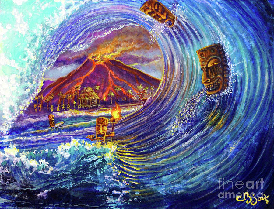 Surfing Painting - Tiki Surf Reef Over Paradise by CBjork