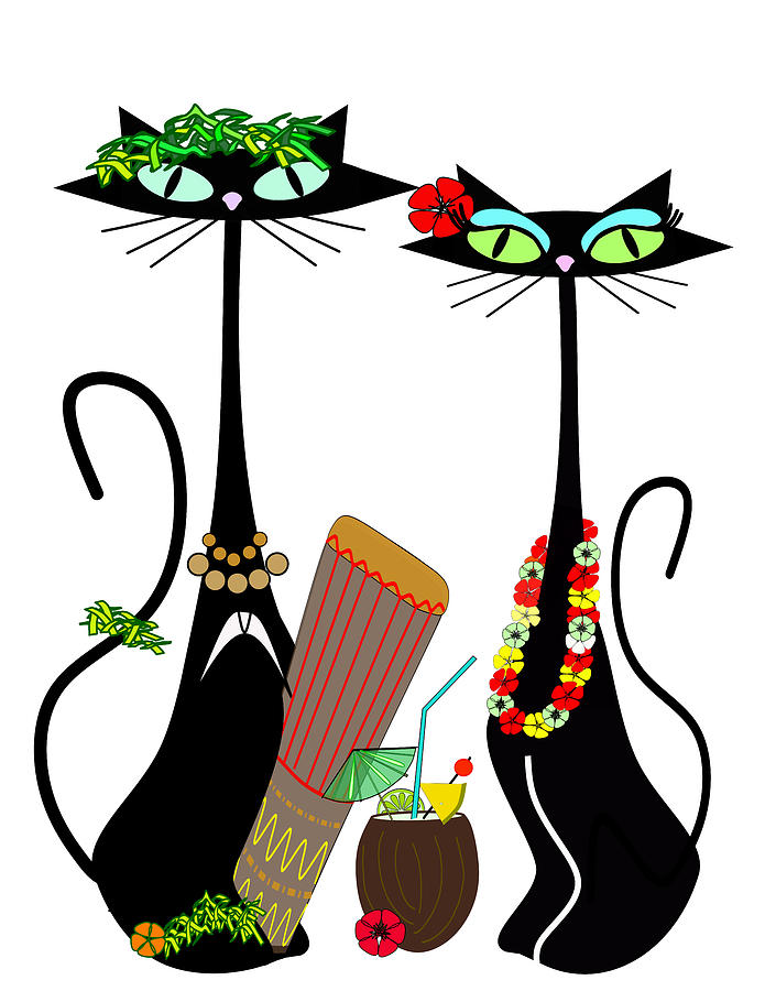 Cat Digital Art - Tiki Time Peg and Hal by Linda Halom
