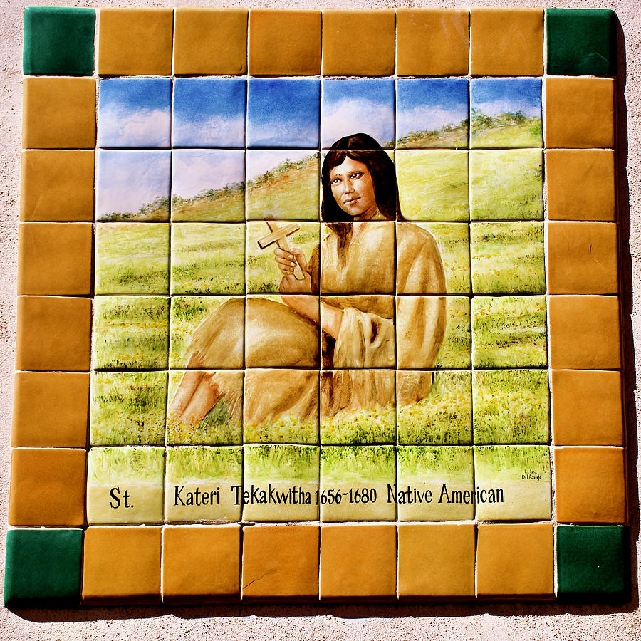 Tile Painting of St. Kateri Tekakwitha 1656-1680 Native American in Side Yard of Mission, Arizona Photograph by Ruth Hager