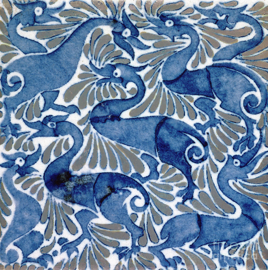 Tile with Dark Blue Bird-like Dragons amongst Foliage, 1898 Ceramic Art by William De Morgan