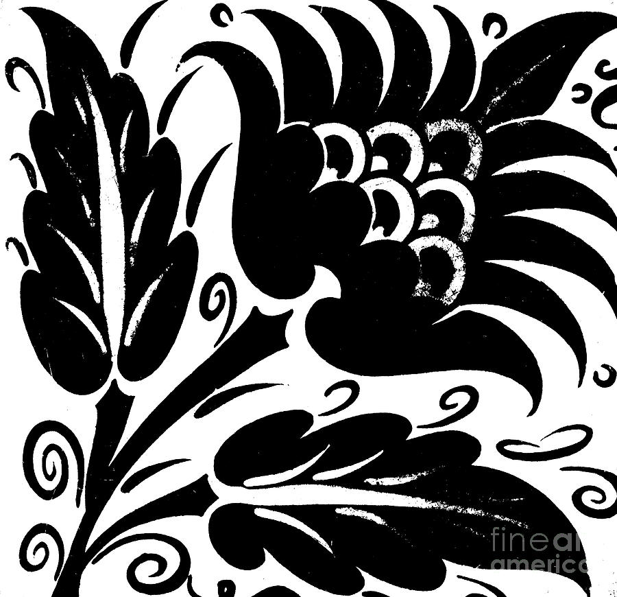 Tile with Stylised Flower with Two Leaves and Tendrils, black and white Drawing by William De Morgan