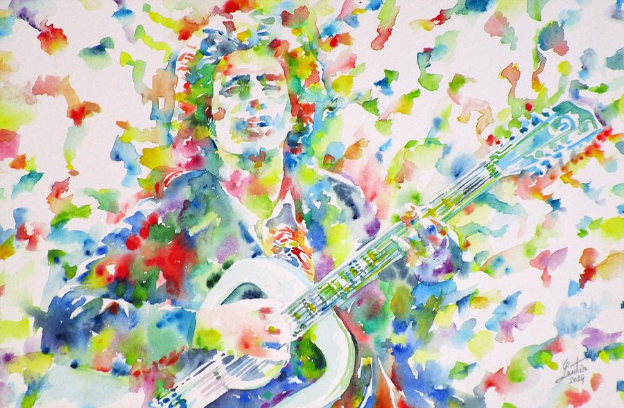 Guitar Still Life Painting - TIM BUCKLEY playing - watercolor portrait by Fabrizio Cassetta