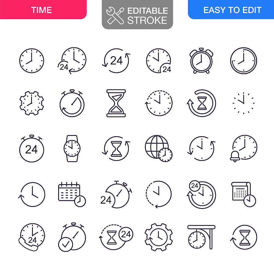 Time Icons Set Editable Stroke Drawing by Magnilion