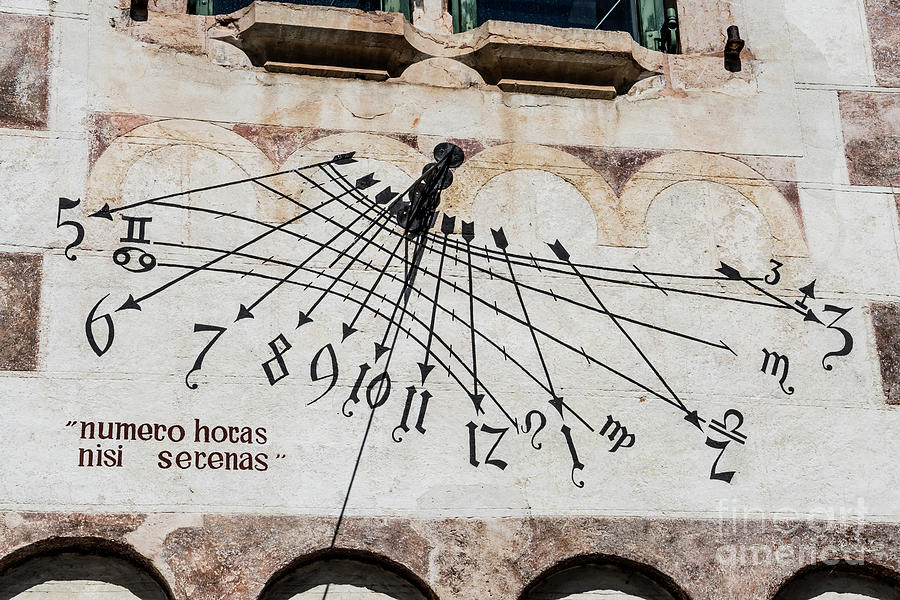 Time On An Old Sundial With Latin Proverb On Building Wall Photograph by Andreas Berthold