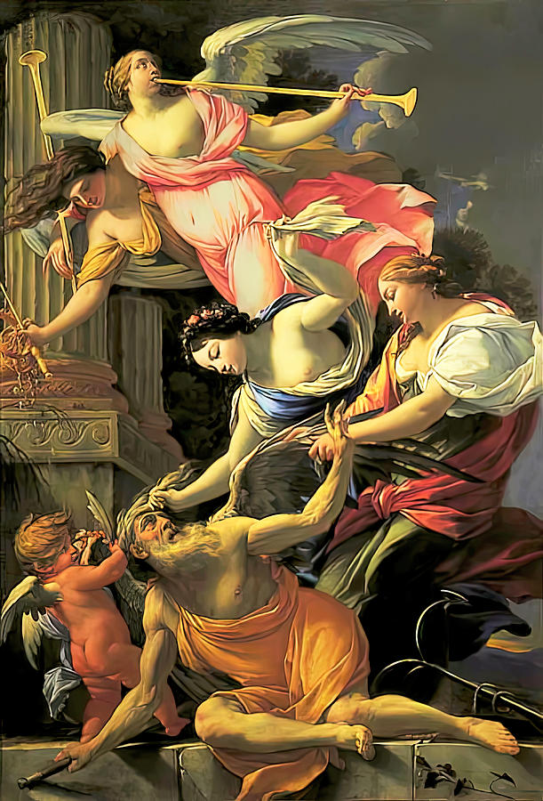 Time Vanquished by Love, Venus and Hope Painting by Simon Vouet