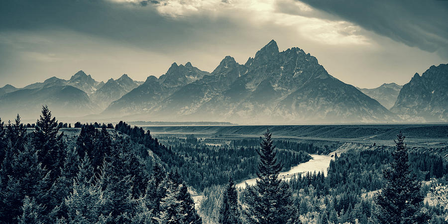 Timeless Panoramic Teton Landscape Over Snake River - Sepia Edition Photograph by Gregory Ballos