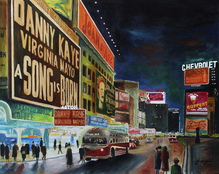 Times Square Painting - Times Square, 1948, around Christmas by Dan Haraga