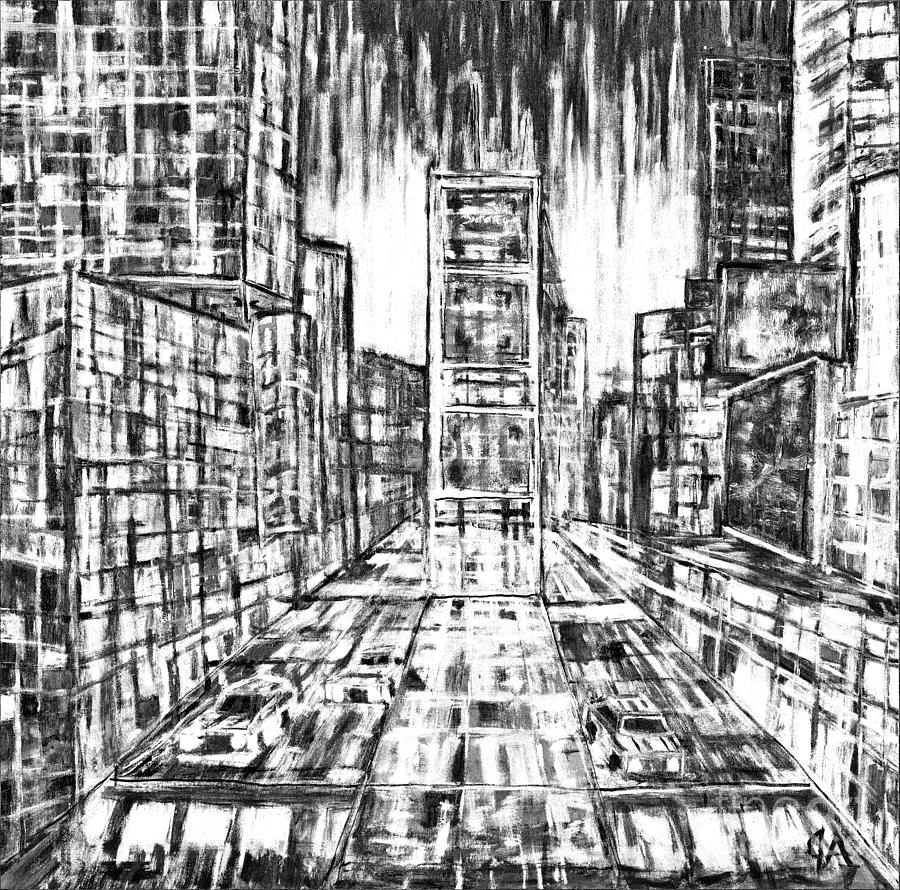 Times Square Lines And Squares - black white Painting by Jeremy Aiyadurai