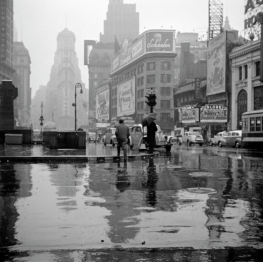 Times Square On A Rainy Day - NYC 1943 - John Vachon Photograph by War Is Hell Store