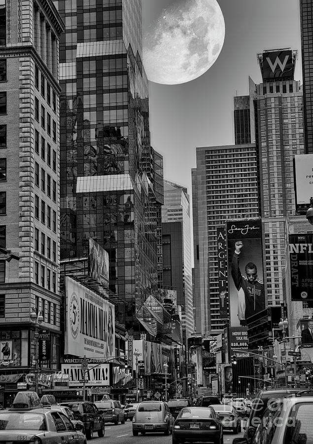 Times Square Super Moon Artistic Black White  Photograph by Chuck Kuhn