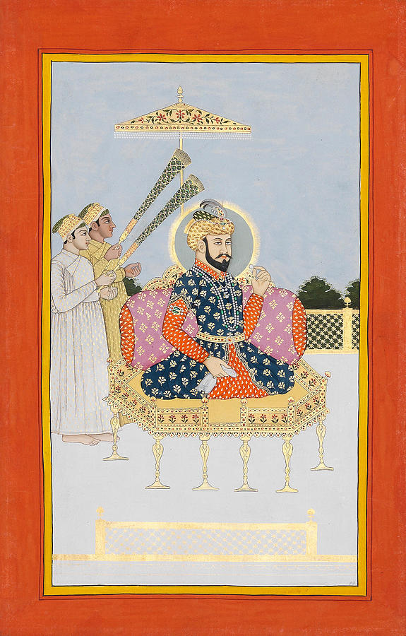 TIMUR ENTHRONED WITH TWO ATTENDANTS WAVING MORCHALS Murshidabad, late 18th Century Painting by Artistic Rifki