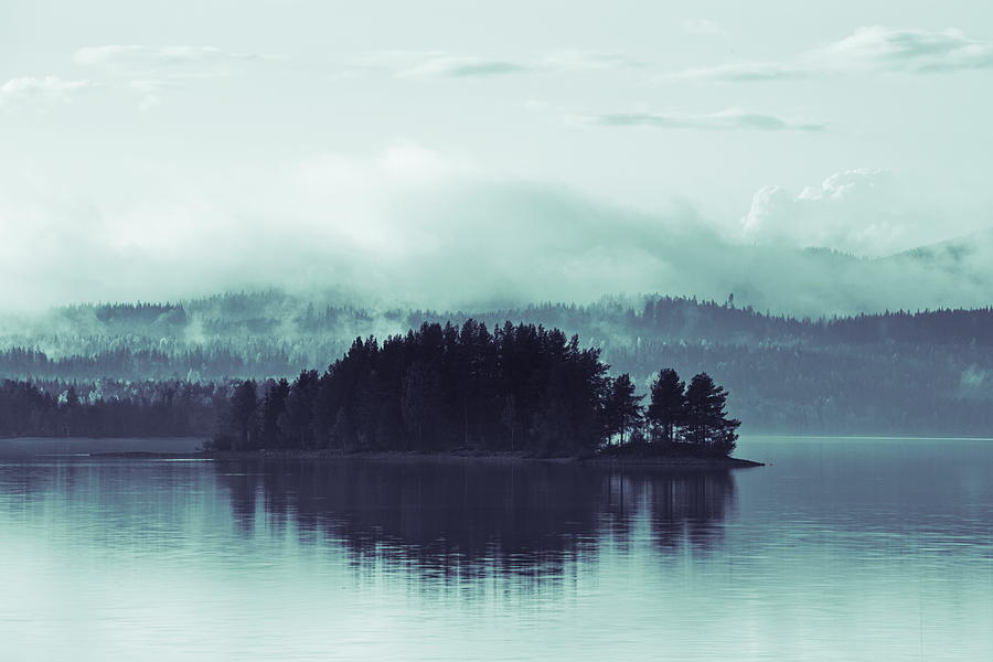 Tiny island with wisps of morning haze - duotone blue Photograph by Ulrich Kunst And Bettina Scheidulin