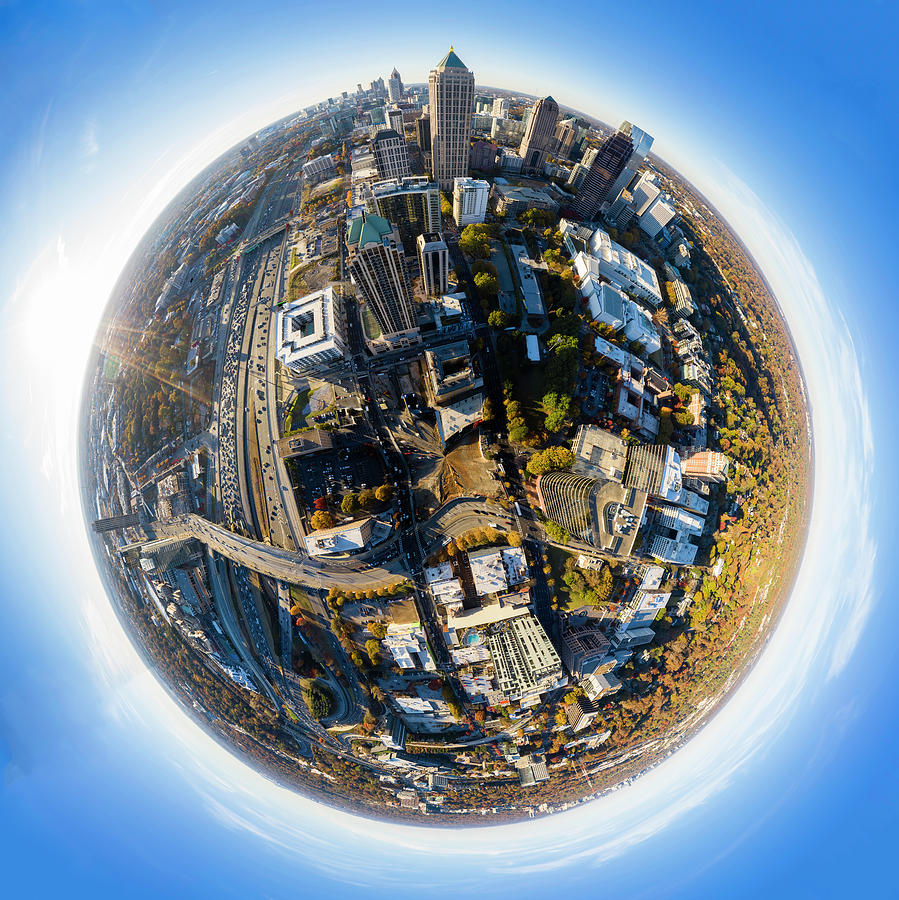 Tiny Planet with cool 3D effect in Midtown Atlanta  during sunset with sun rays Digital Art by Rod Gimenez