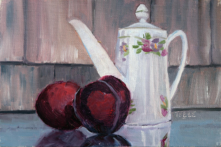 Tiny Teapot and Plums Painting by Trina Teele
