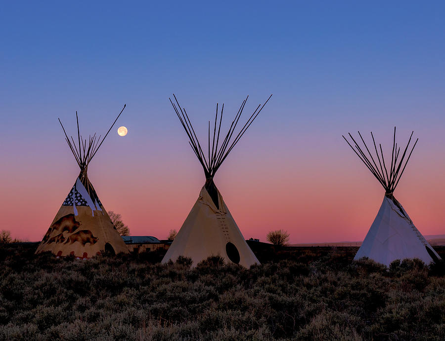 Tipis with Morning Full Worm Moon  Photograph by Elijah Rael