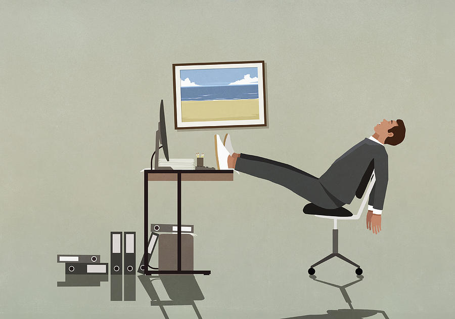 Tired businessman sleeping with feet up on desk Drawing by Malte Mueller