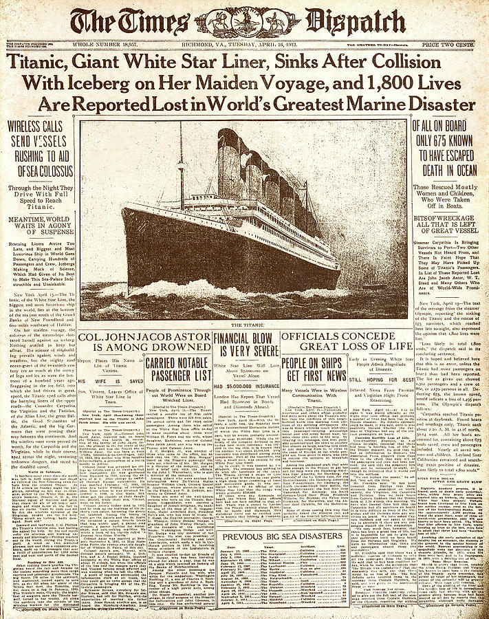 Titanic Sinks Newspaper Photograph by Jon Neidert