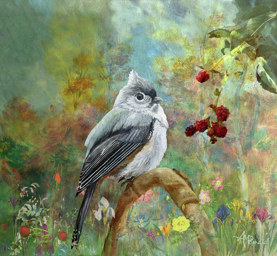 Titmouse In The Berries Garden Painting by Angeles M Pomata