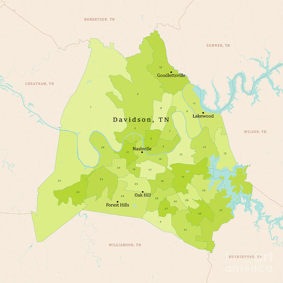 TN Davidson County Vector Map Green Digital Art by Frank Ramspott