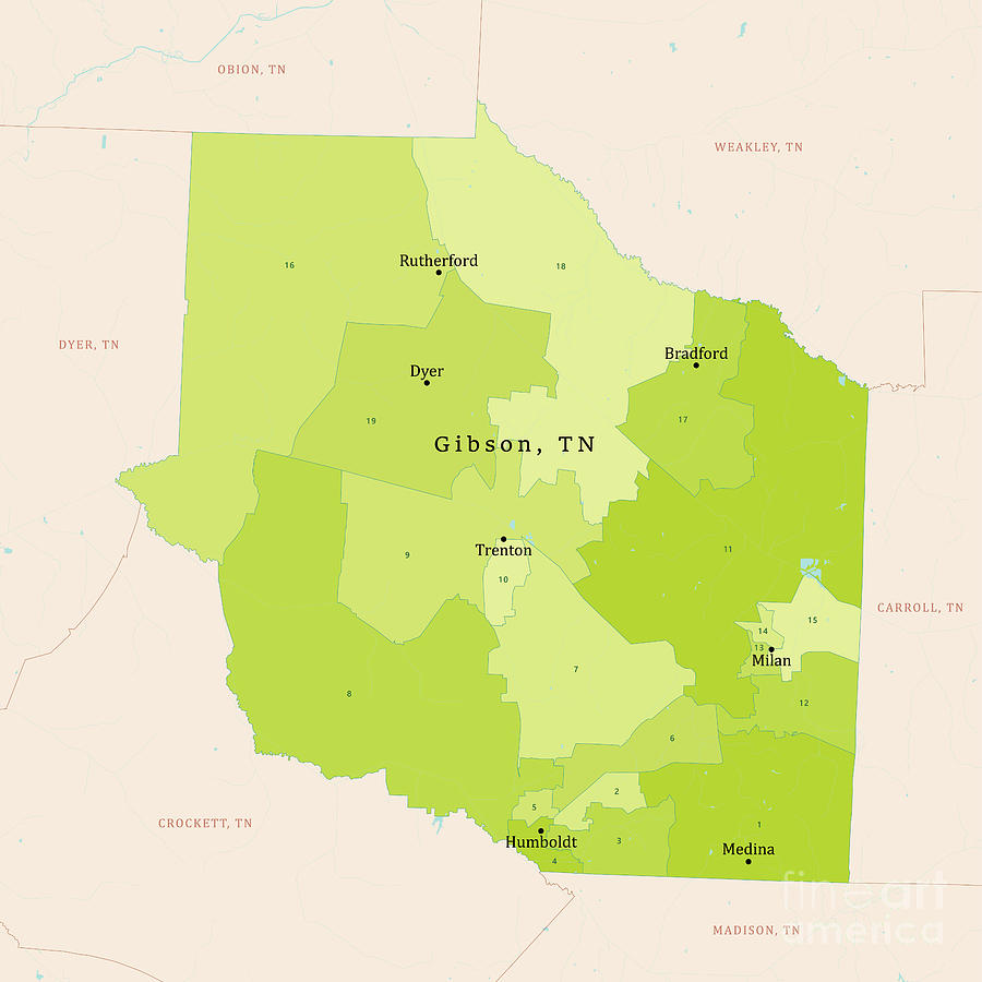 TN Gibson County Vector Map Green Digital Art by Frank Ramspott - Fine ...