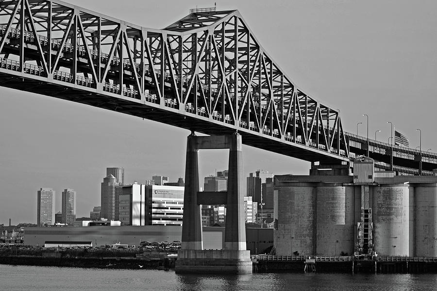 Tobin Bridge American Flag Boston MA Black and White Photograph by Toby McGuire