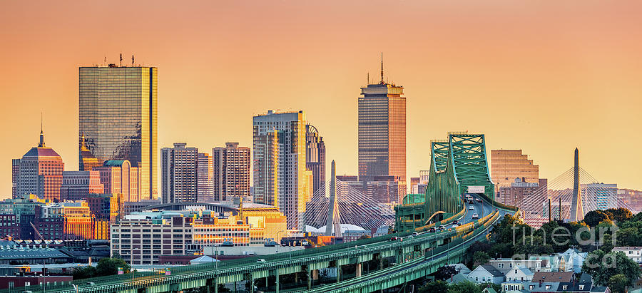 Tobin bridge, Zakim bridge and Boston skyline panorama at sunset ...