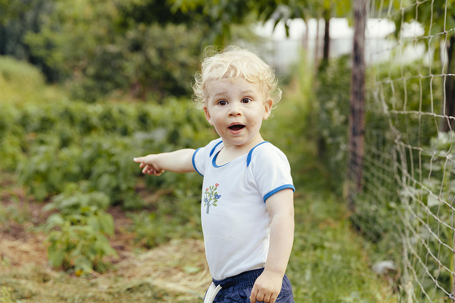 Toddler pointing at something in vegetable garden Photograph by Westend61