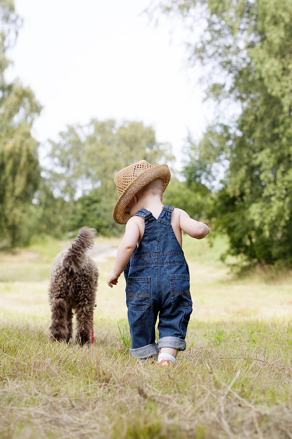 Toddler walking with dog Photograph by Johner Images