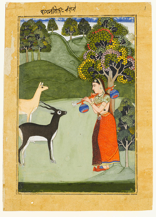 Todi Ragini a maiden playing a vina watched by two gazelles in a glade Bikaner, early 18th Century Painting by Artistic Rifki