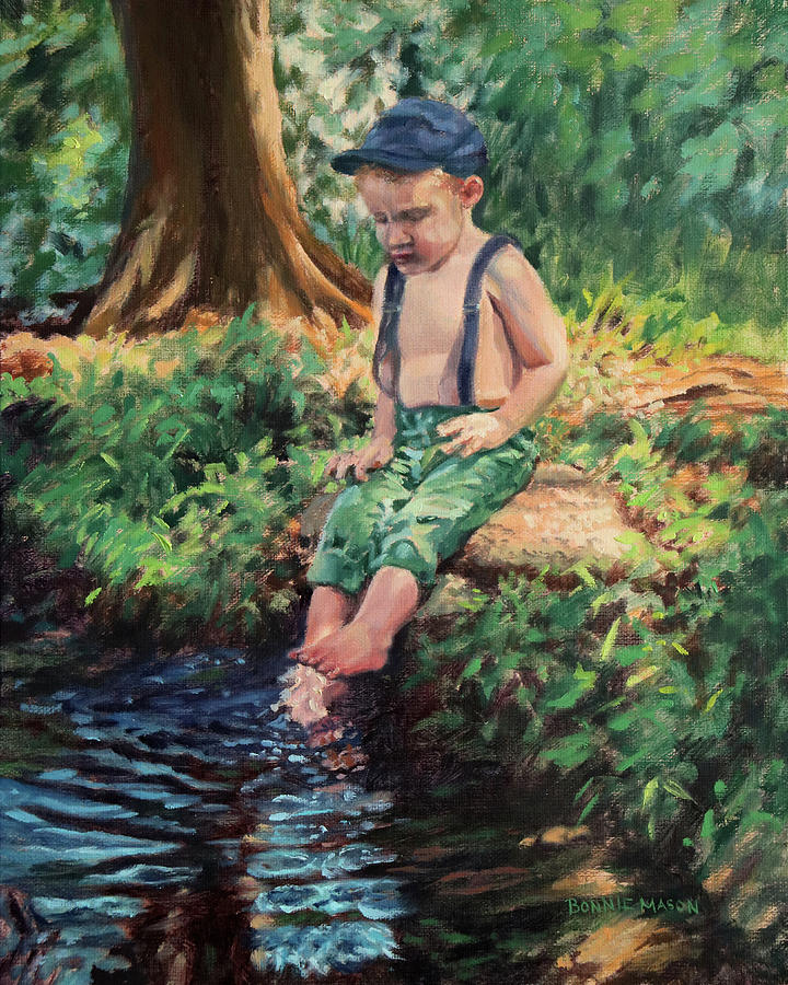 Toes First - Little Boy Playing in the Water Painting by Bonnie Mason