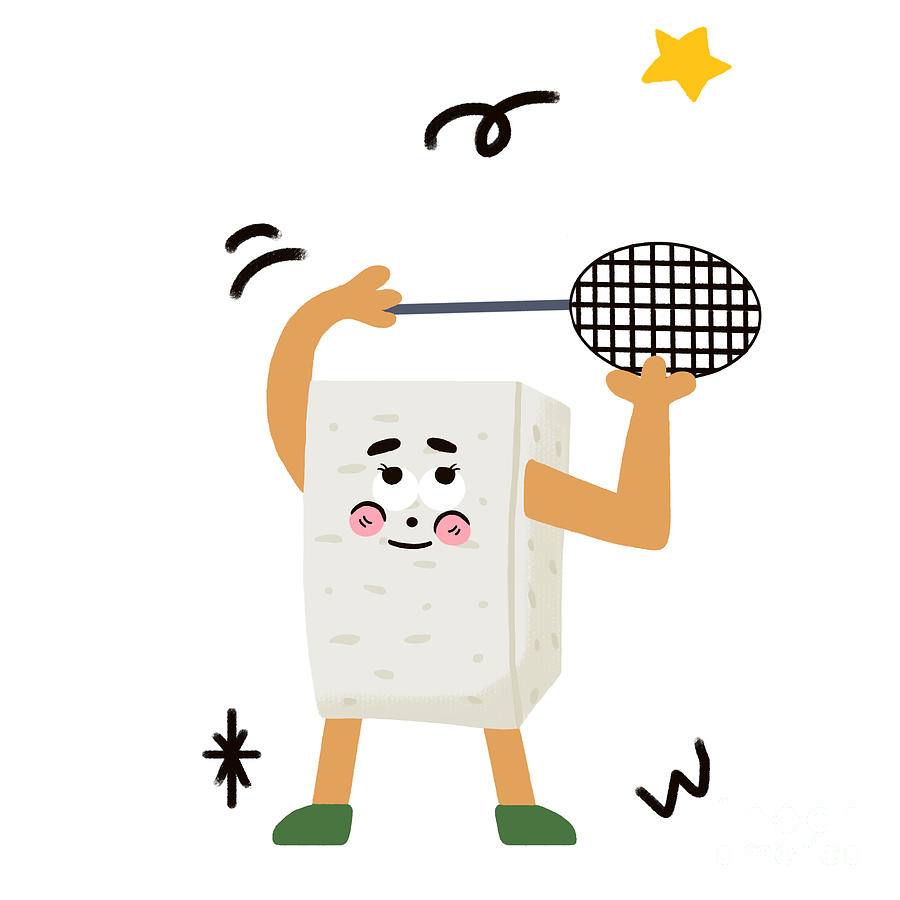 Tofu loves playing badminton Digital Art by Min Fen Zhu