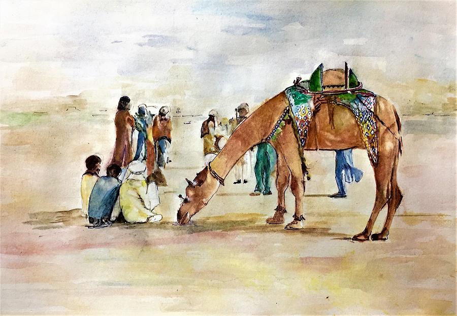Togather with camel. Painting by Khalid Saeed