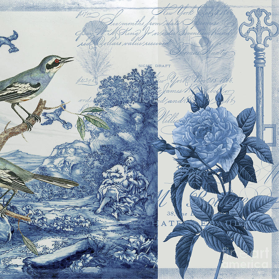Toile Floral Chinoiserie, Blue and White with Script Collage 3 Painting by Audrey Jeanne Roberts