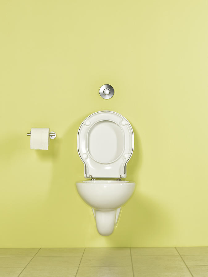 Toilet in yellow room, front view Photograph by Peter Dazeley