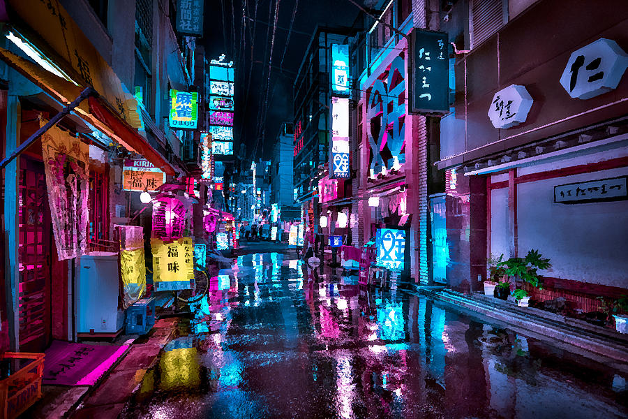 Tokyo at Night Shimbashi Magnet Painting by Lee Hall | Pixels