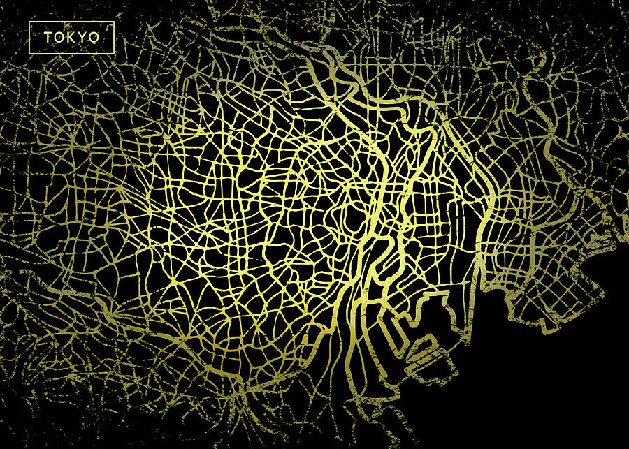 Tokyo Map in Gold and Black Digital Art by Sambel Pedes