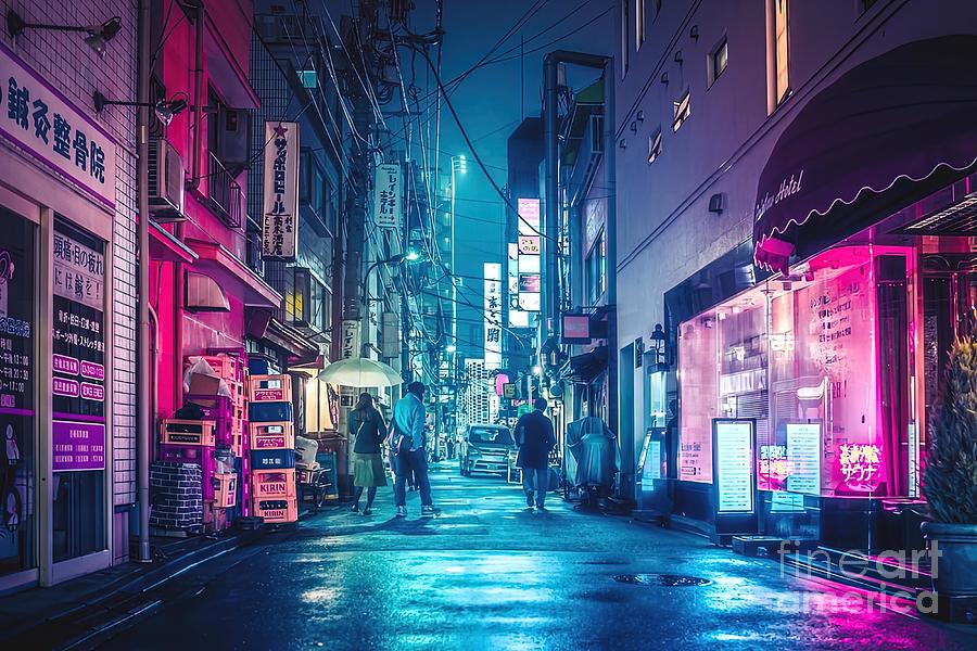 Tokyo Midnight Rain Pink and Blue aesthetic neon Painting by Nicole ...
