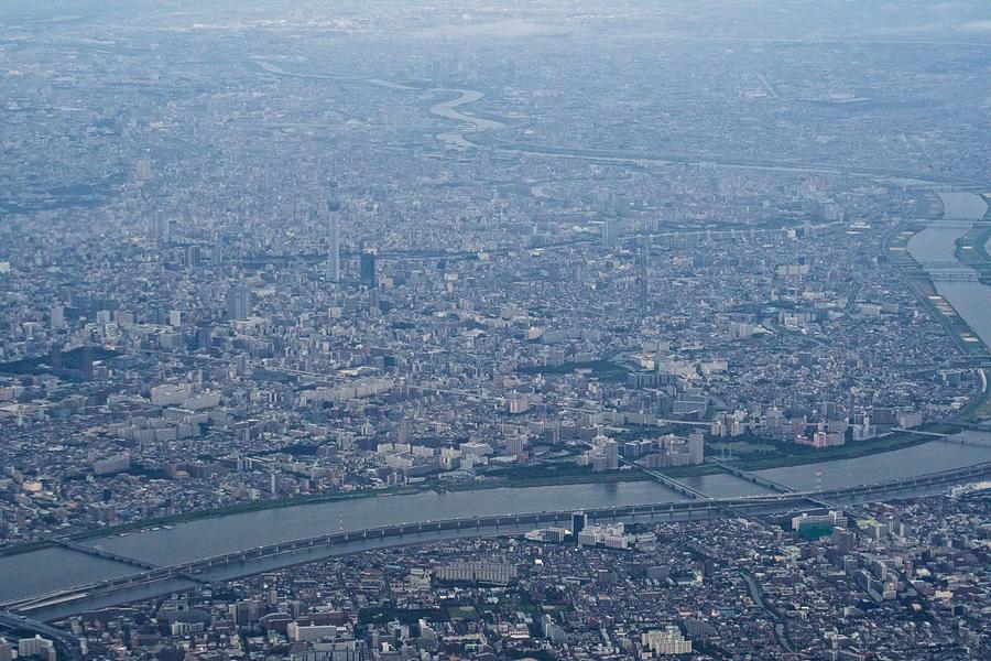 Tokyo Sky Tree and Arakawa River in Tokyo in Japan daytime aerial view from airplane Photograph by Taro Hama @ e-kamakura