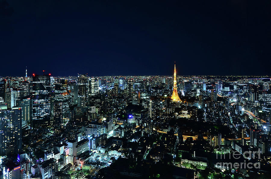 Tokyo Skyline at Night - Tokyo Tower in Yellow Photograph by Carlos Alkmin