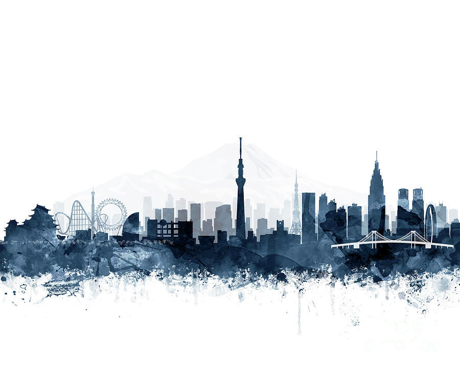 Tokyo Skyline Watercolor Navy Blue by Zouzounio Art Digital Art by ...